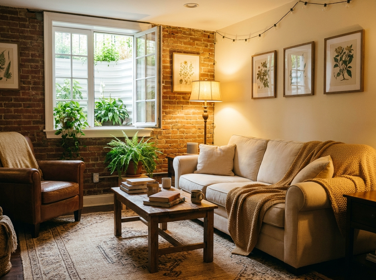 A warmly lit basement rental unit